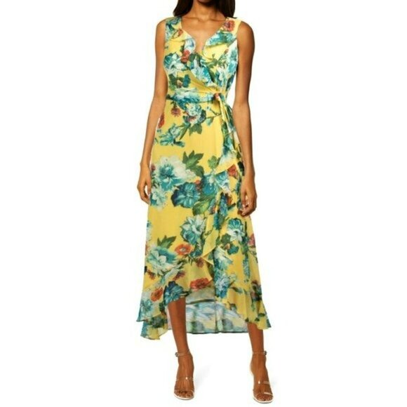 NWT LONDON TIMES Floral Print Ruffle Trim Hi-low Hem Wrap Chiffon Midi Dress - Picture 1 of 7
